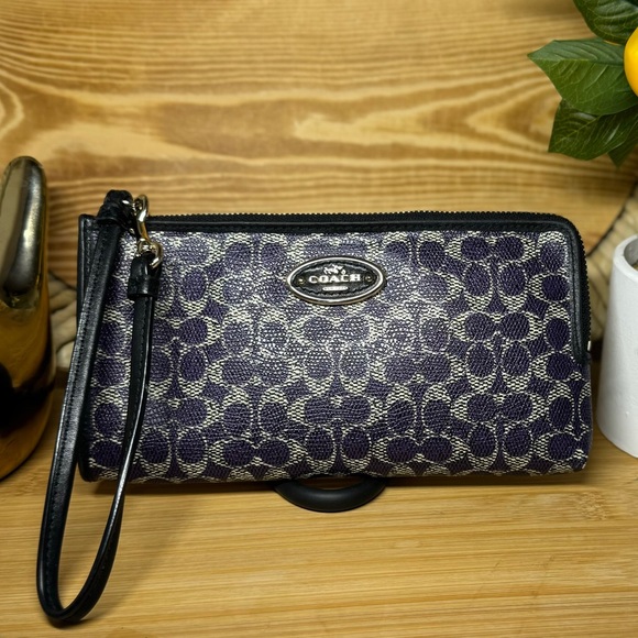 Coach Coated Canvas Signature Zippy Wallet Wristlet Dark Violet & Black #52462 - Picture 1 of 16